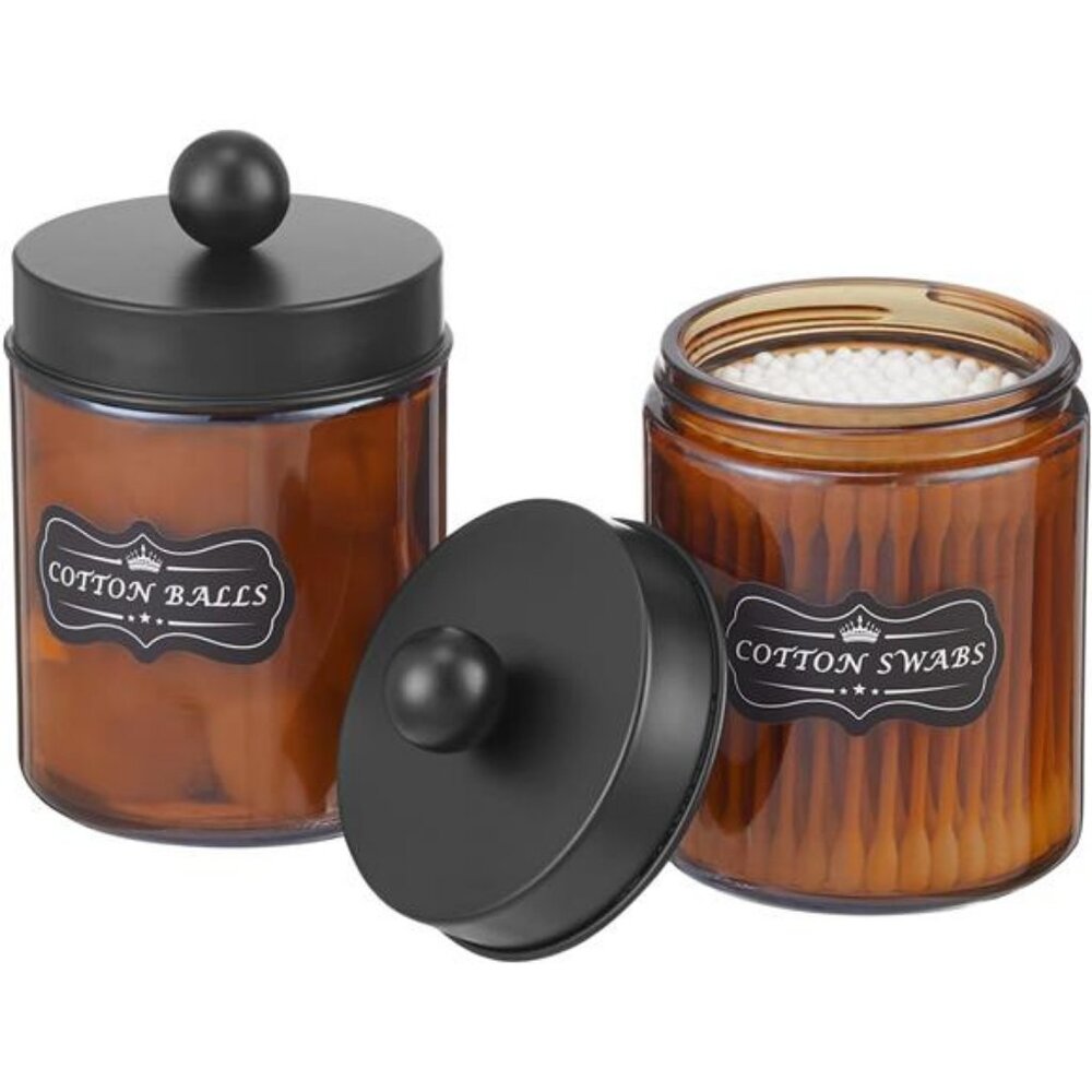 Amber Glass Qtip Holder, 2 Pack Apothecary Jars with Lids Cotton Ball Holder